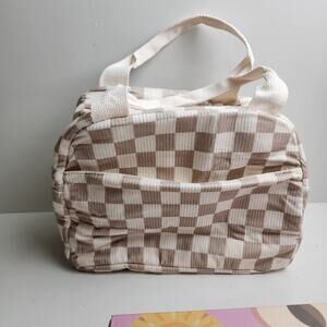 Corduroy Brown & White Plaid Checkered Insulated Leakproof Work Lunch Cooler Bag